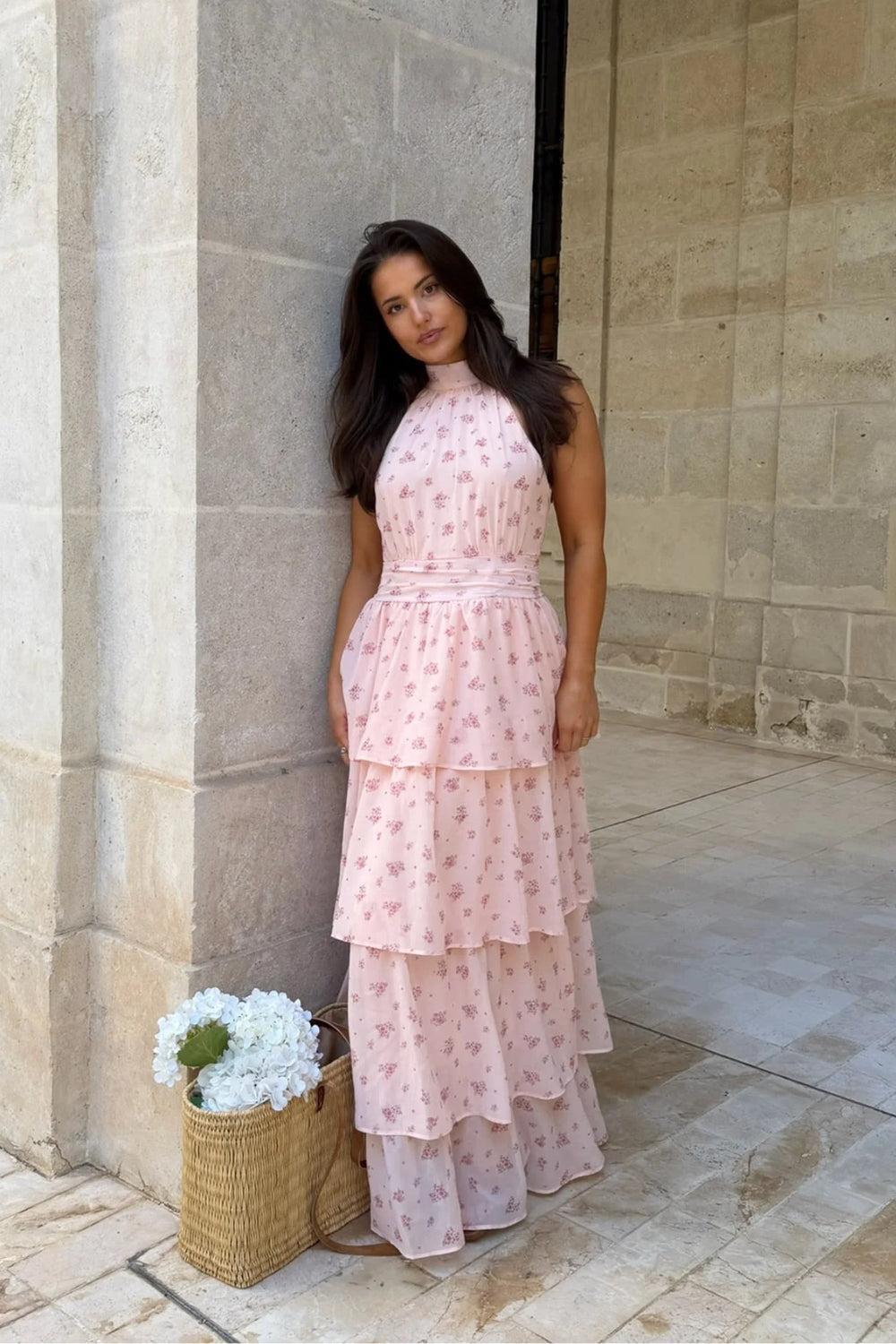 BelleIC Long Dress Pink Flower Print