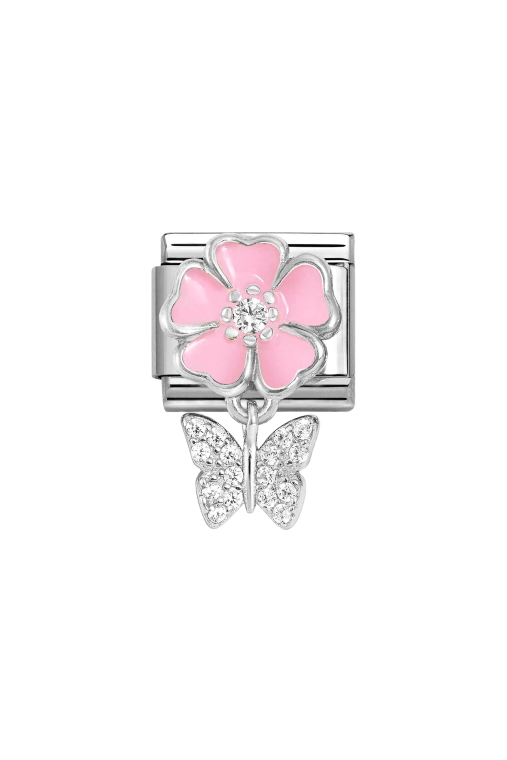 CHARMS 925 Sterling Silver, Enamel & CZ Pink Flower with Butterfly