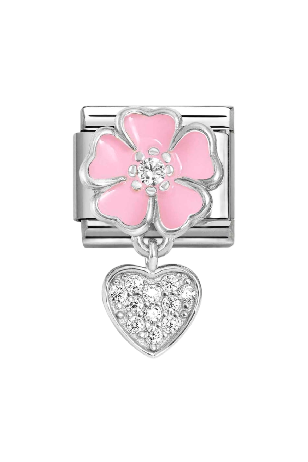 CHARMS 925 Sterling Silver, Enamel & CZ Pink Flower with Heart