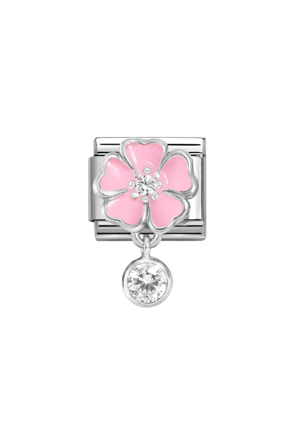 CHARMS 925 Sterling Silver, Enamel & CZ Pink Flower with Round