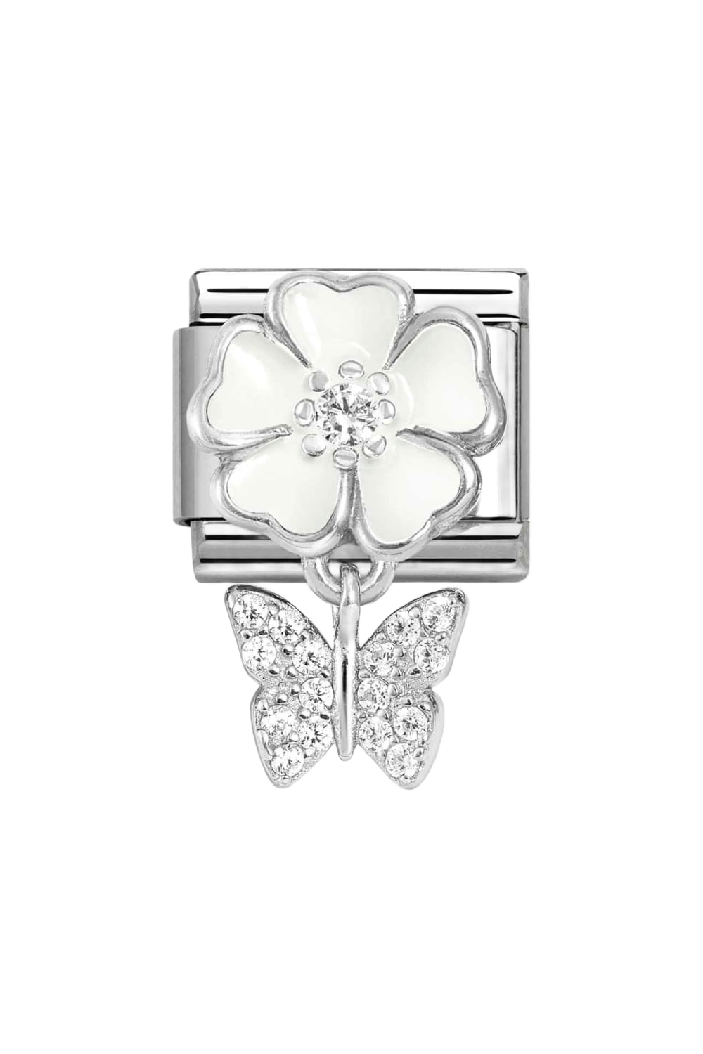 CHARMS 925 Sterling Silver, Enamel & CZ White Flower with Butterfly