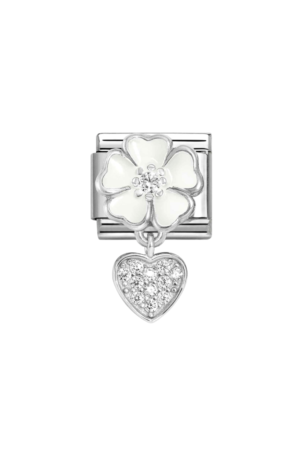 CHARMS 925 Sterling Silver, Enamel & CZ White Flower with Heart