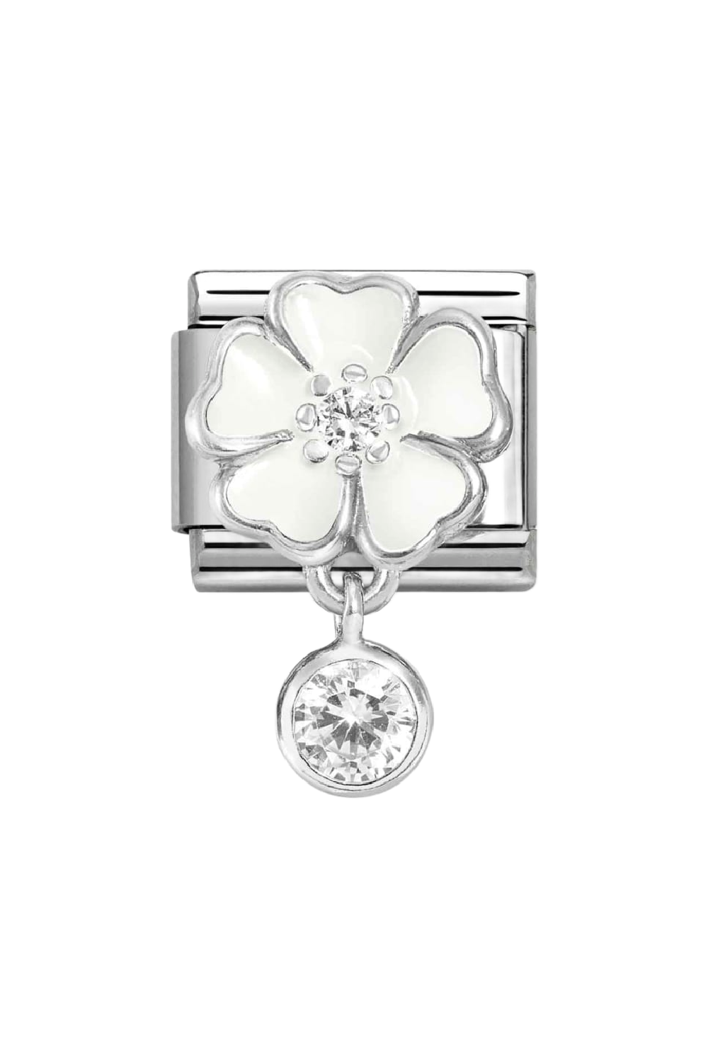 CHARMS 925 Sterling Silver, Enamel & CZ White Flower with Round