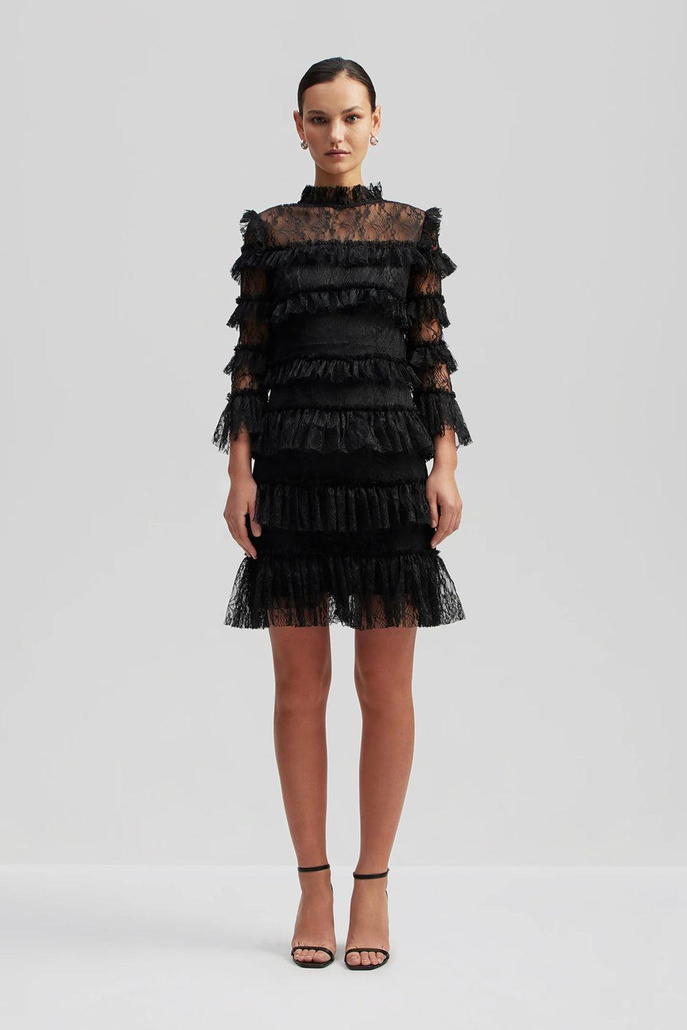 Carmine Frill Mini Lace Dress black