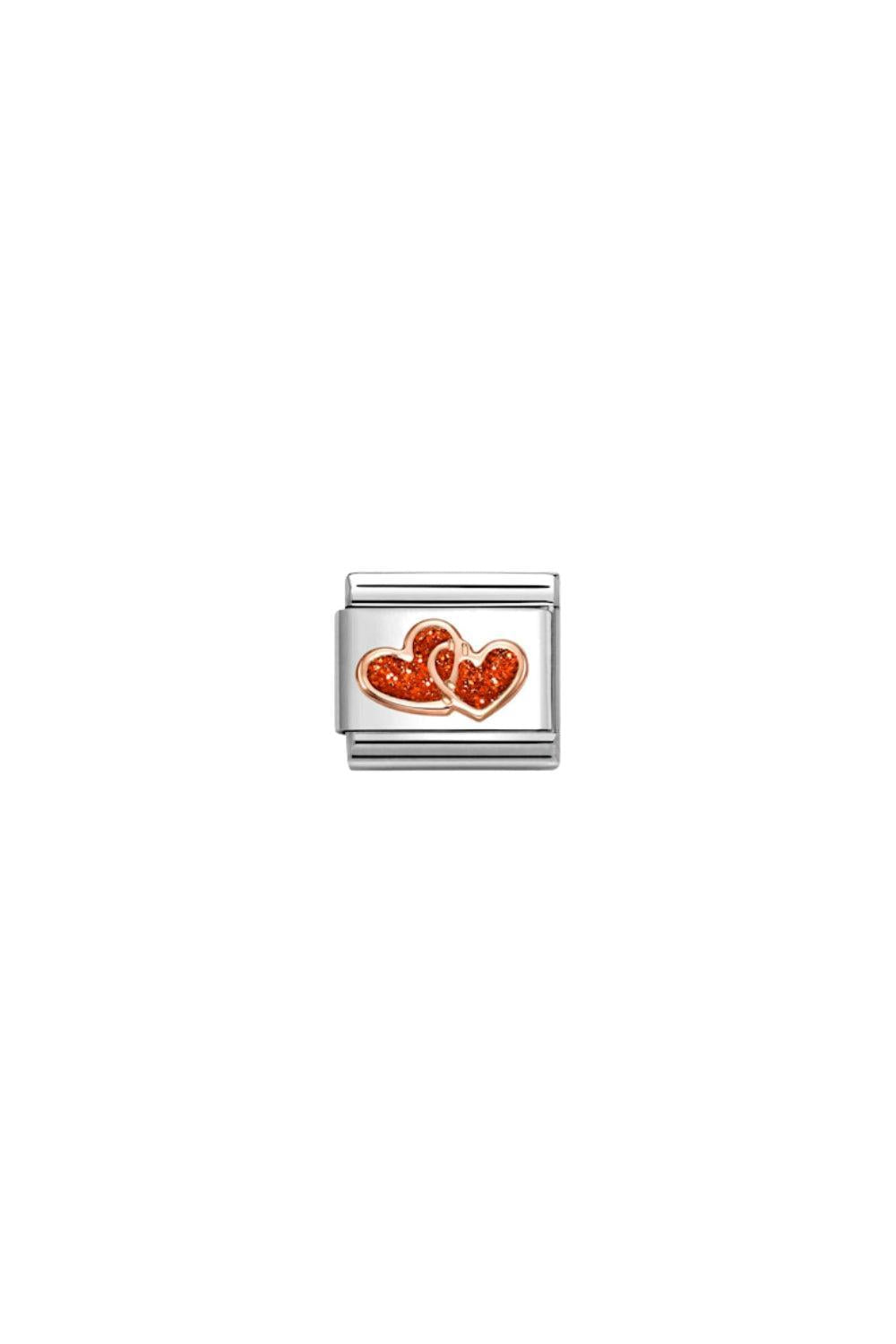 Classic Glitter Symbols Stainless Steel, Enamel And 9K Gold Double Red Hearts
