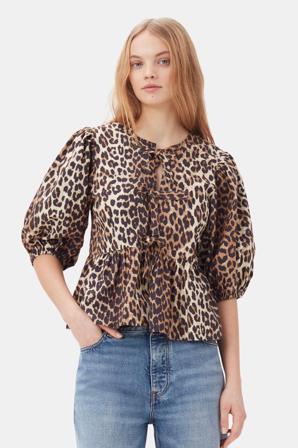 Cotton Poplin Peplum Tie Blouse Leopard