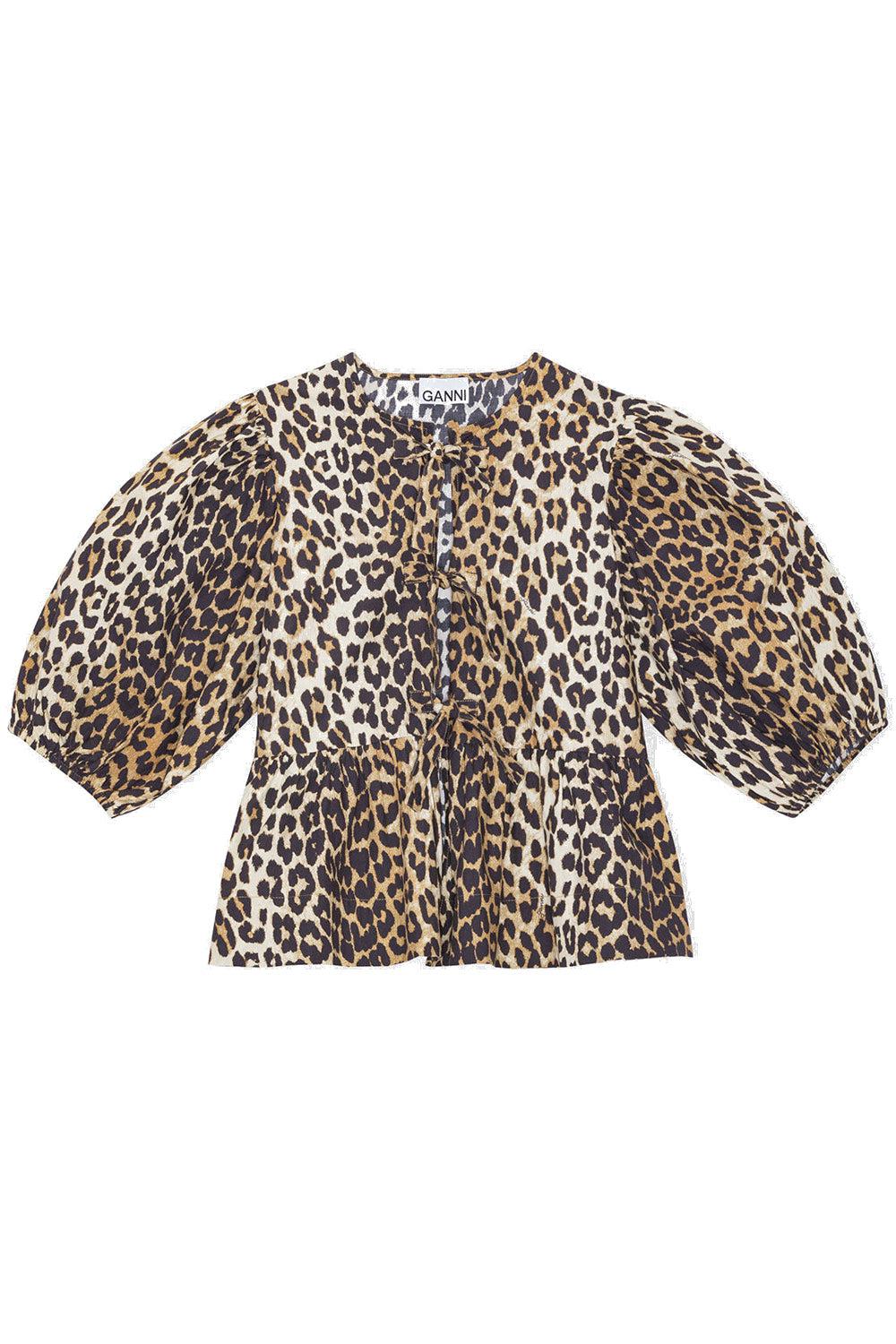 Cotton Poplin Peplum Tie Blouse Leopard