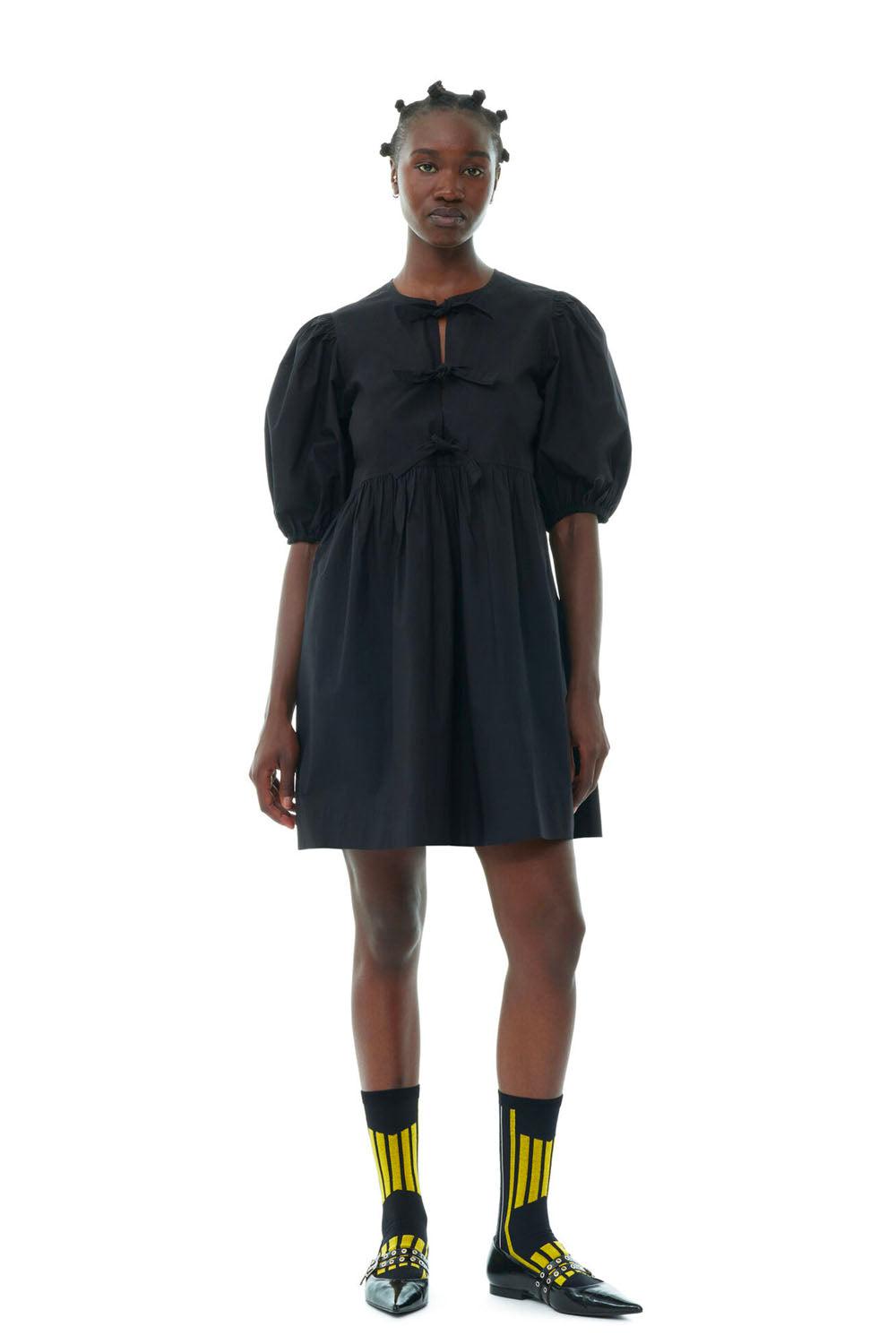 Cotton Poplin Tie String Mini Dress Black