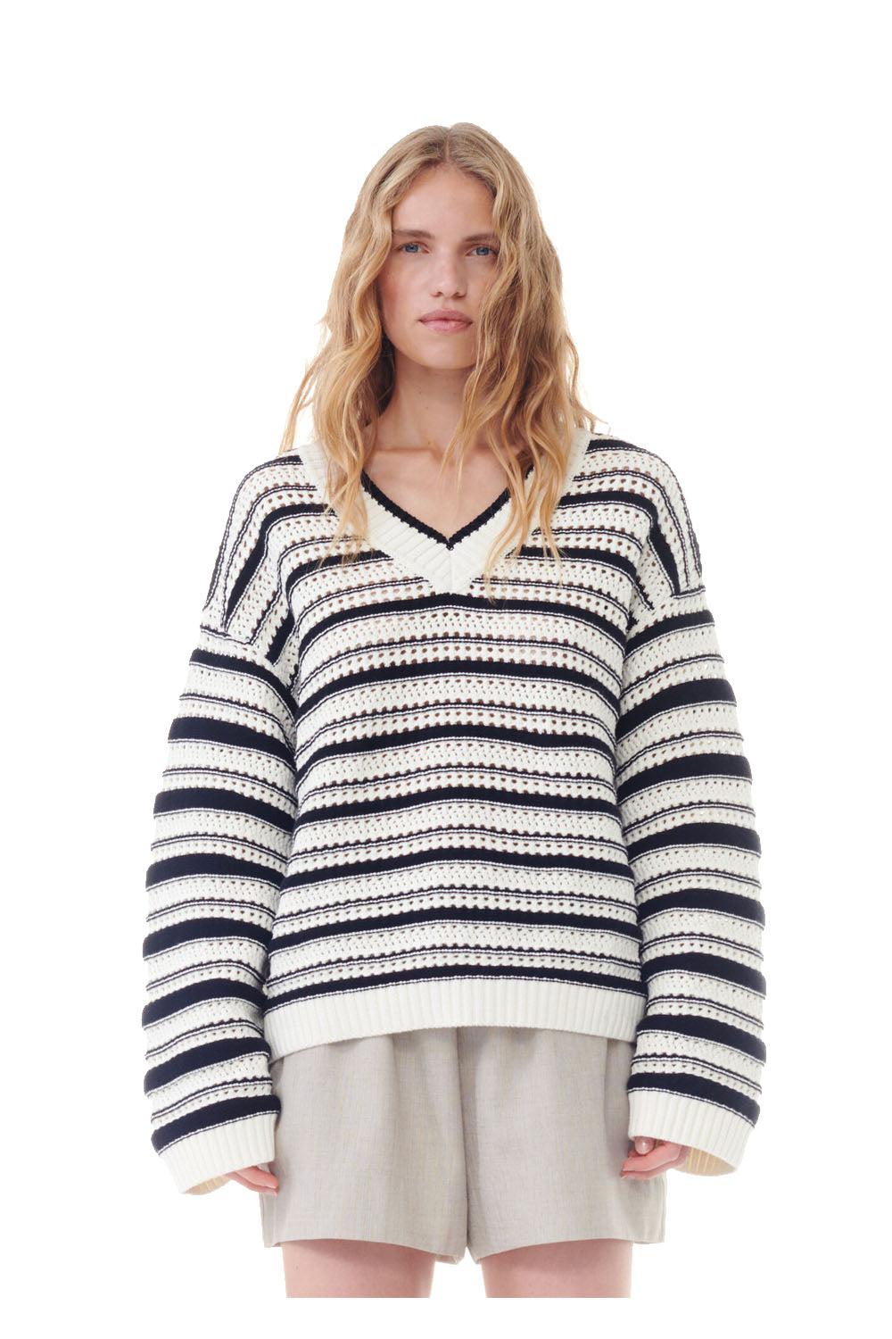 Cotton V-Neck Genser Striped