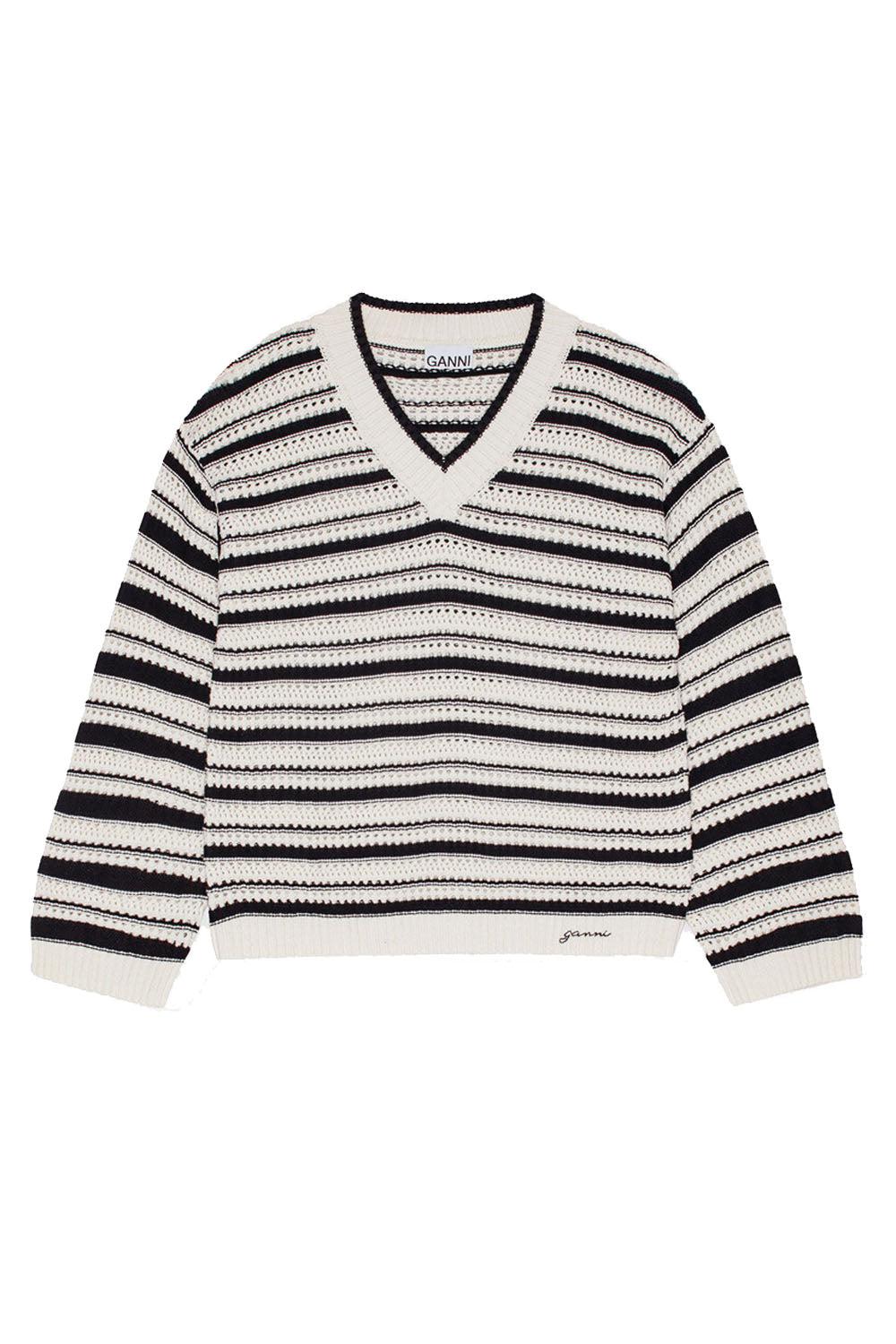 Cotton V-Neck Genser Striped