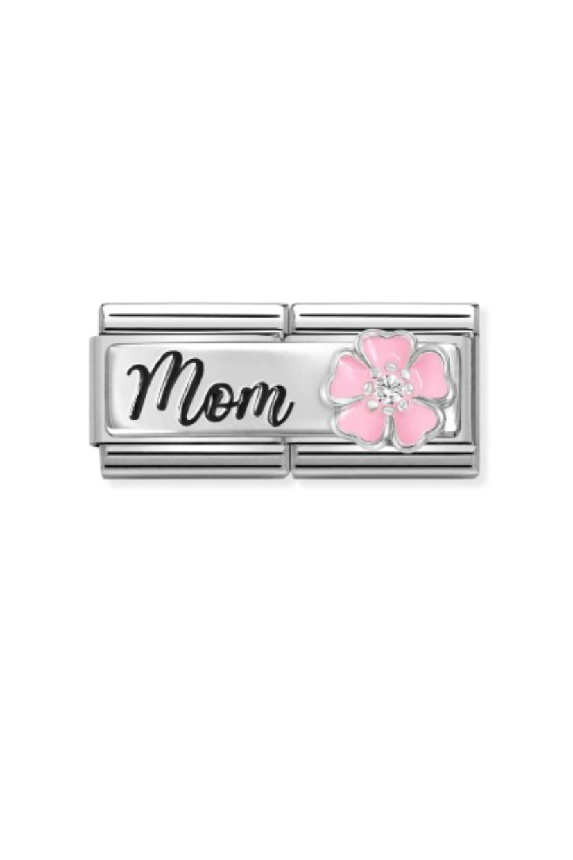 Double Classic Detailed steel, enamel, cz and 925 sterling silver Mom With Flower