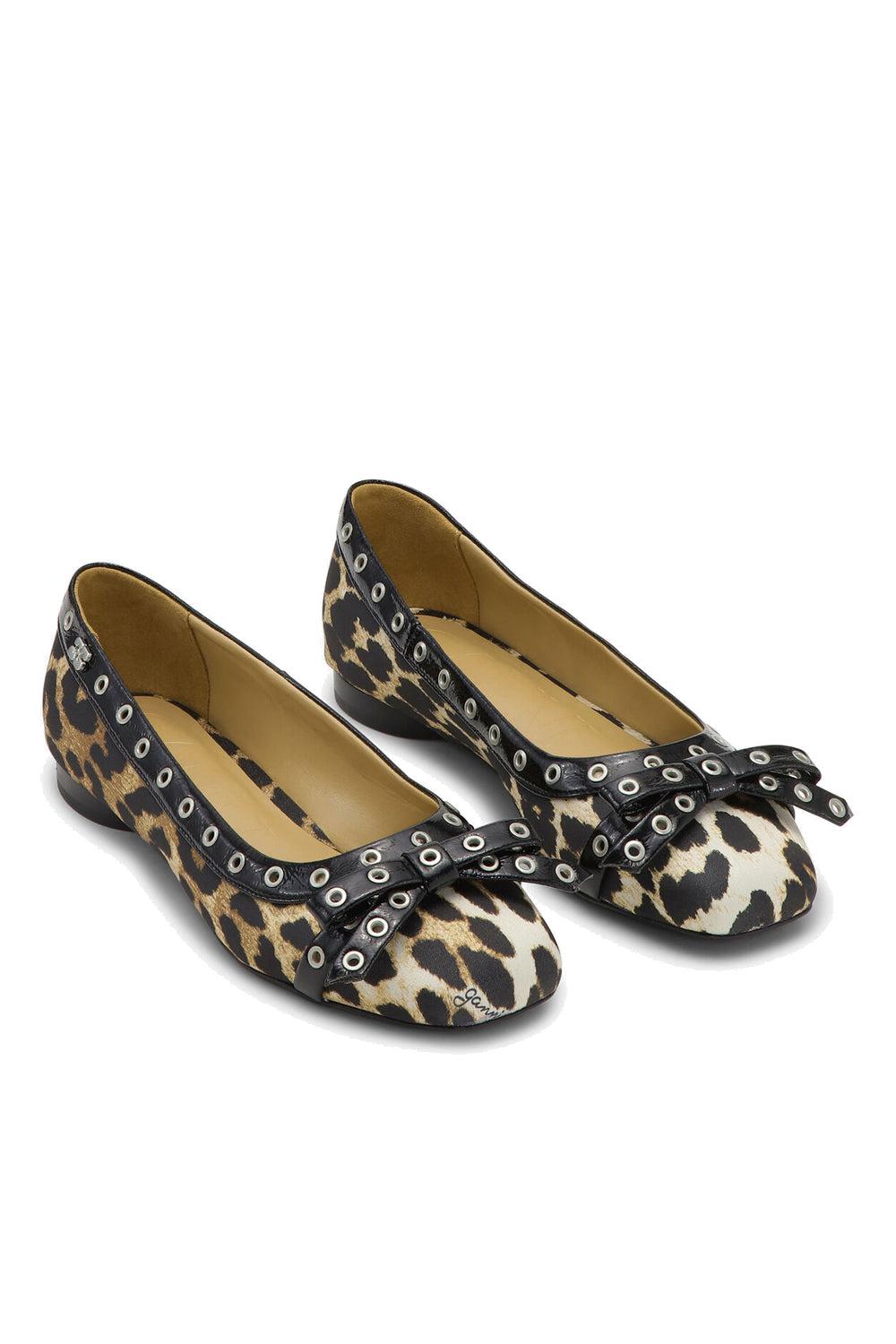 Eyelets Bow Ballerina Satin Print Leopard Print