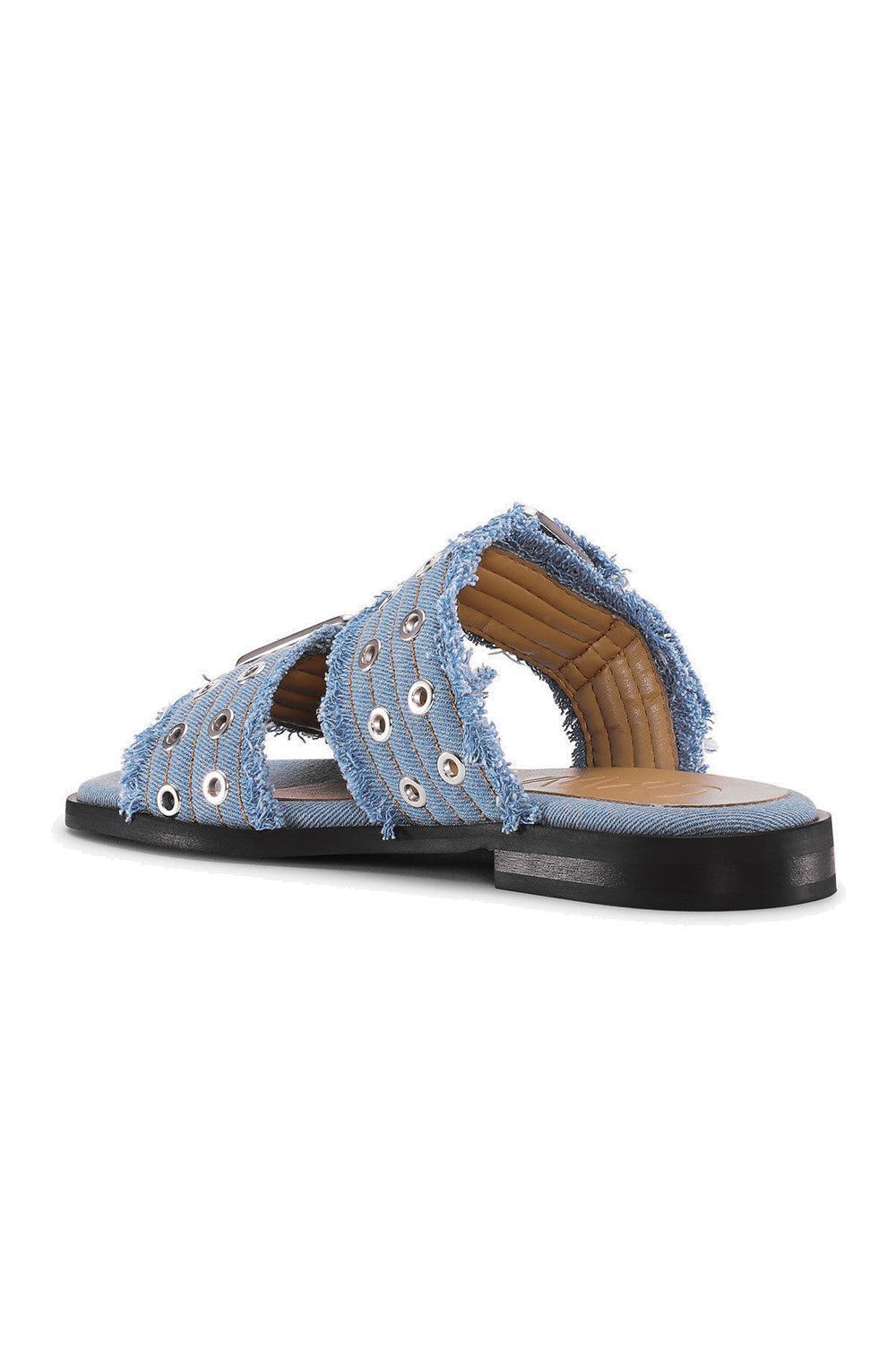 Feminine Buckle Two Strap Sandal Charms Faded Denim