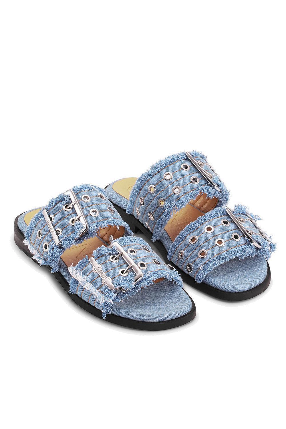 Feminine Buckle Two Strap Sandal Charms Faded Denim