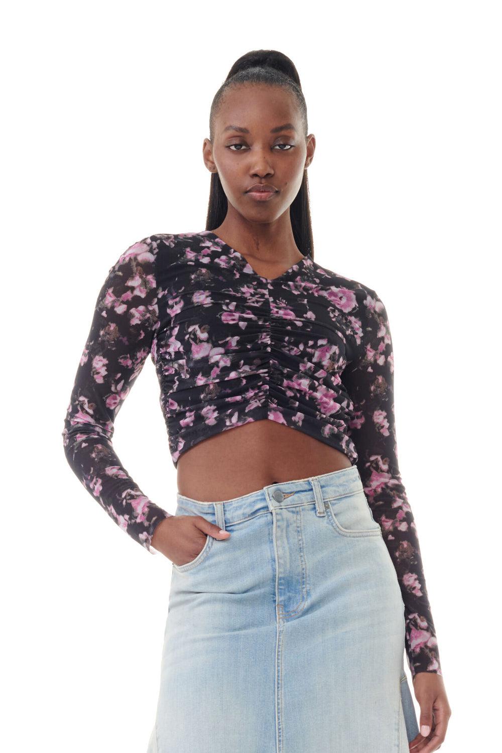 Floral printed mesh ruched-bluse