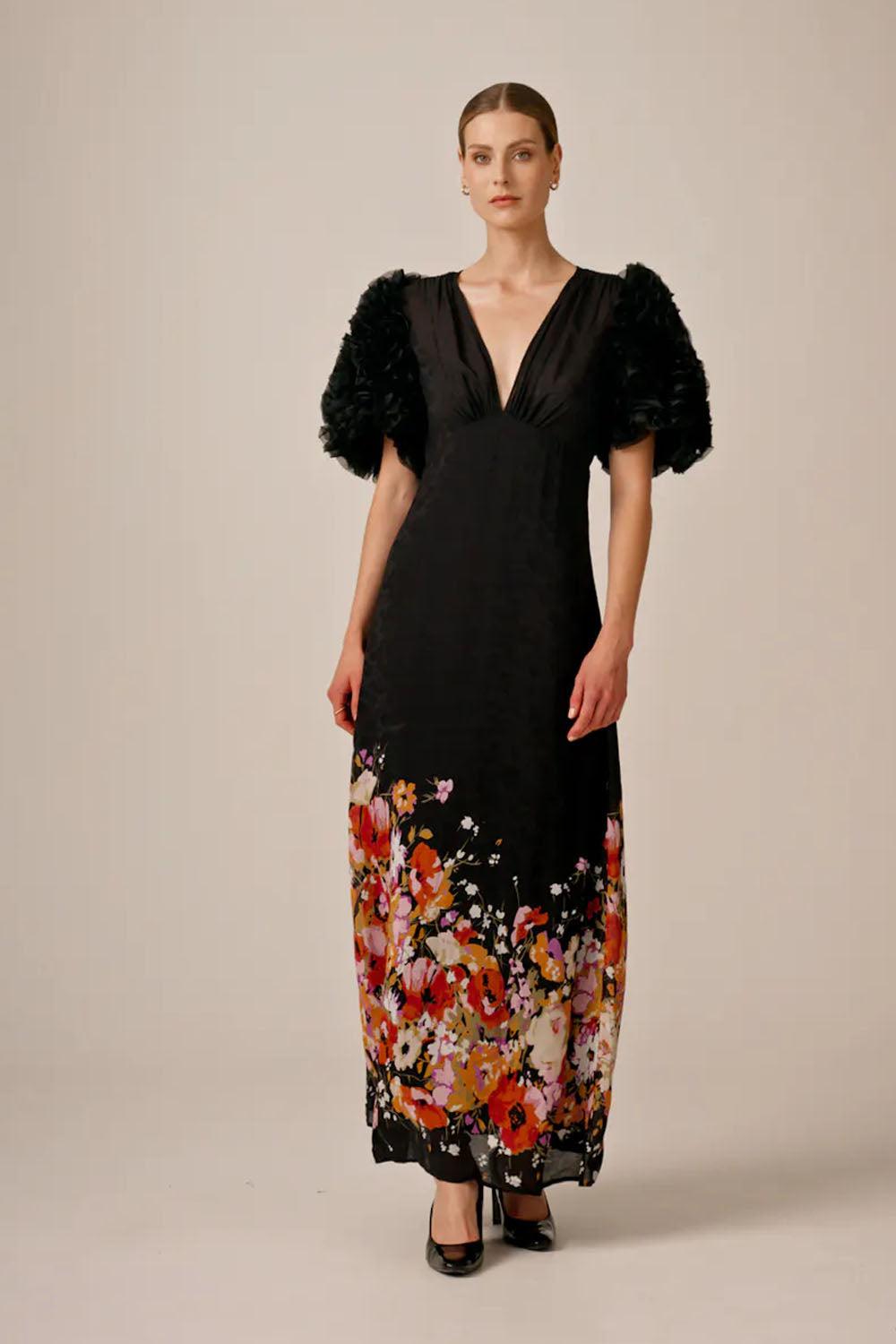 Georgette Ruffle Gown Dark Bloom