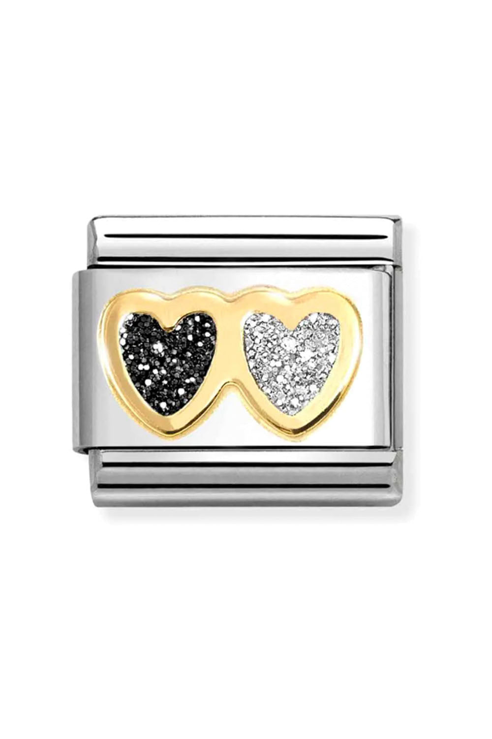 Glitter symbols 18k Gold & enamel Double silver & black heart