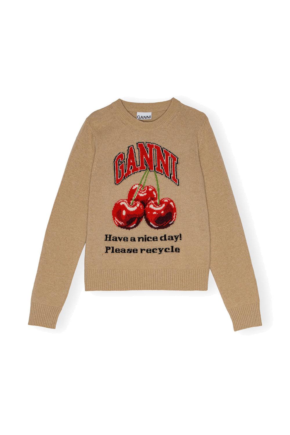 Graphic Wool Mix Cherry Crewneck Safari