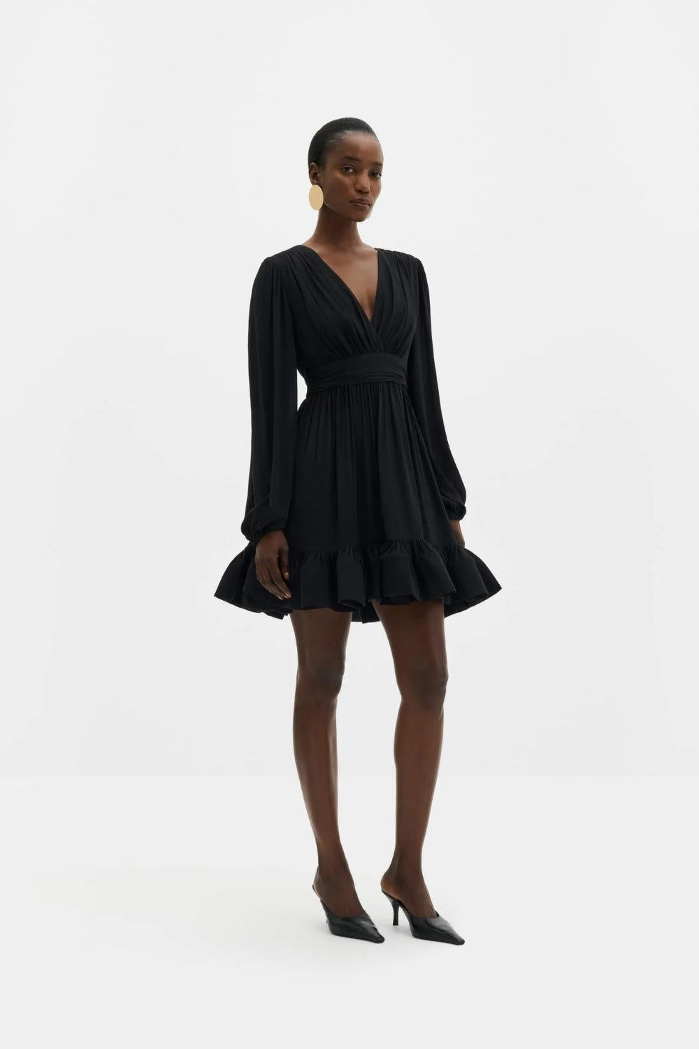 Jadie V-Neck Ruffled Mini Dress Black