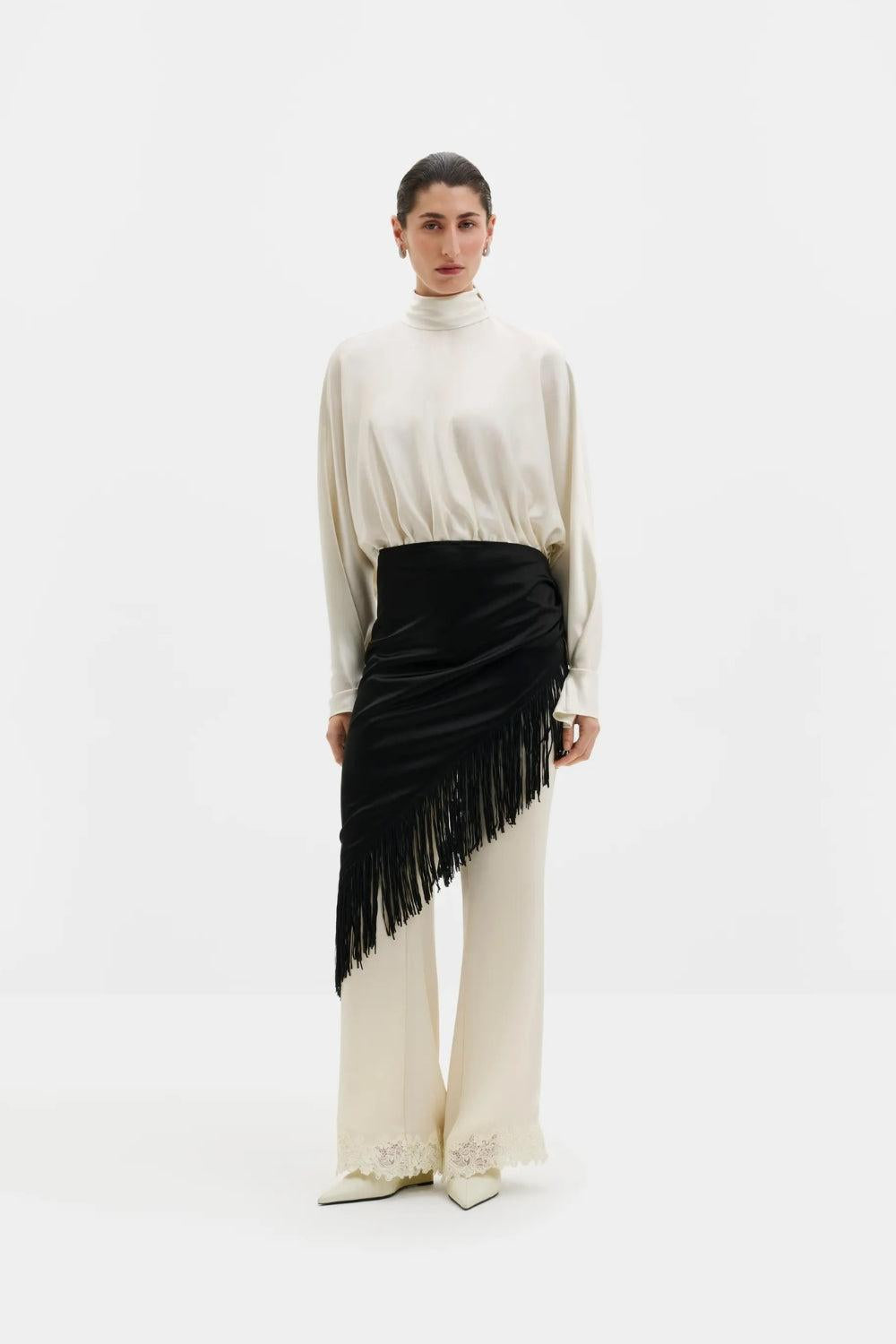 Nalia Fringe Satin Scarf Black