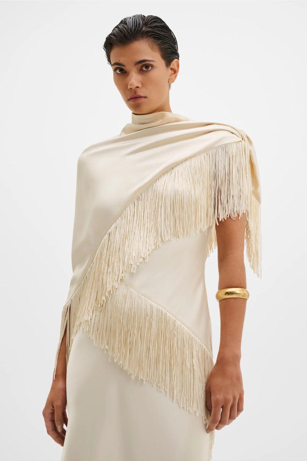 Nalia Fringe Satin Scarf Pearl