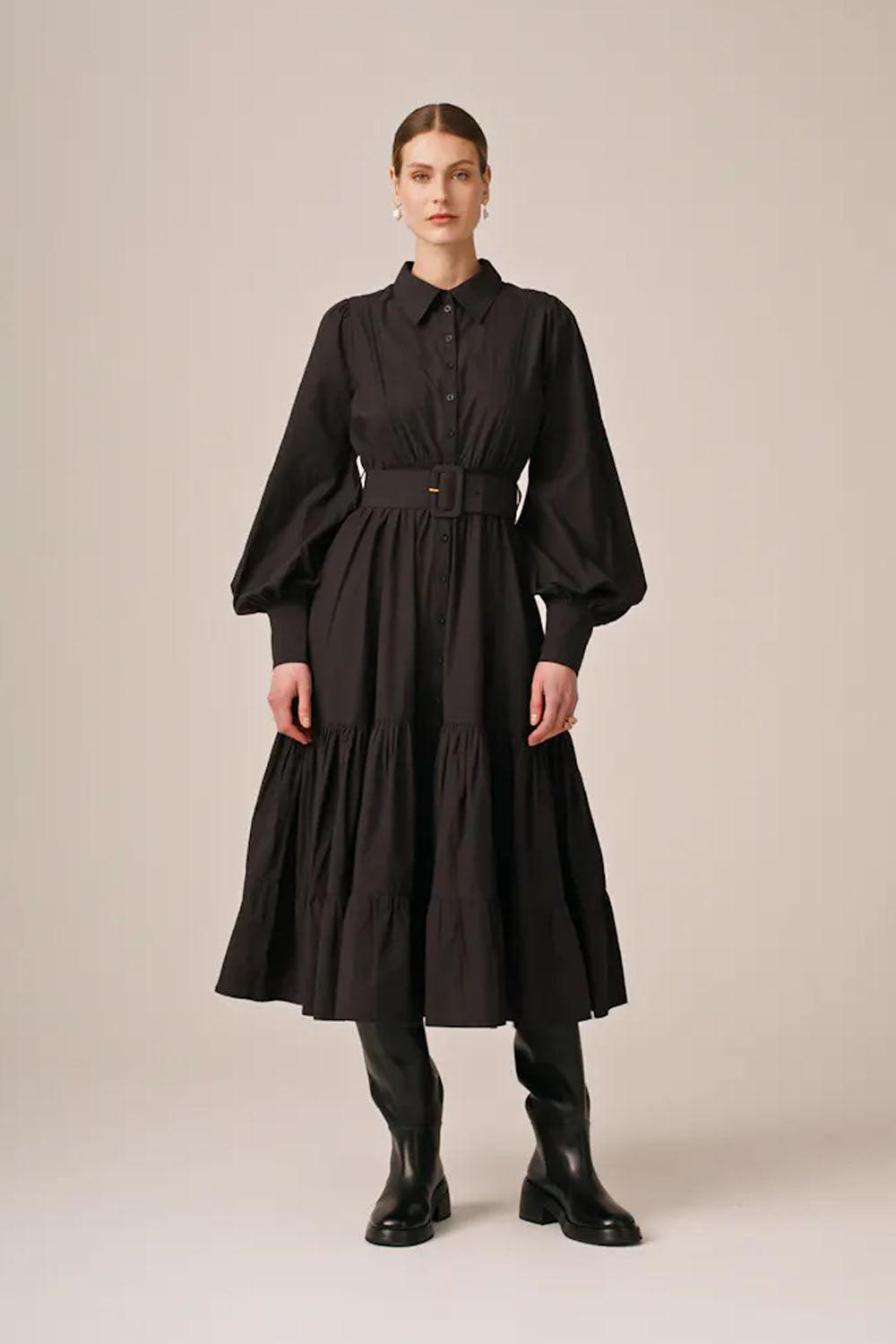 Poplin Midi Shirt Dress Black