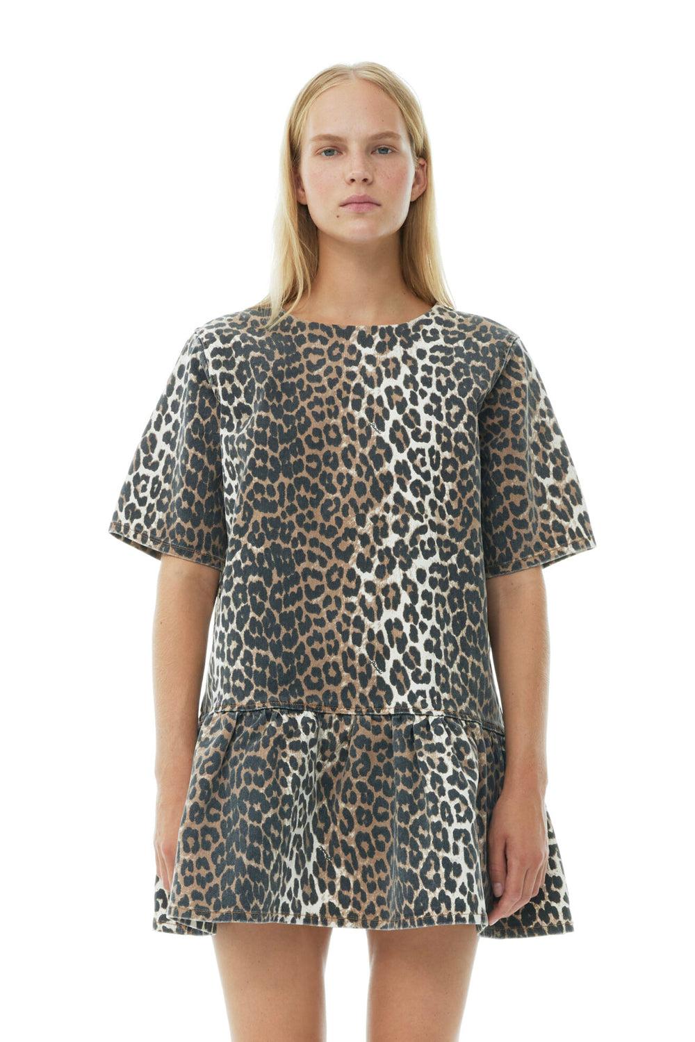 Print Denim Open Back Mini Dress Leopard