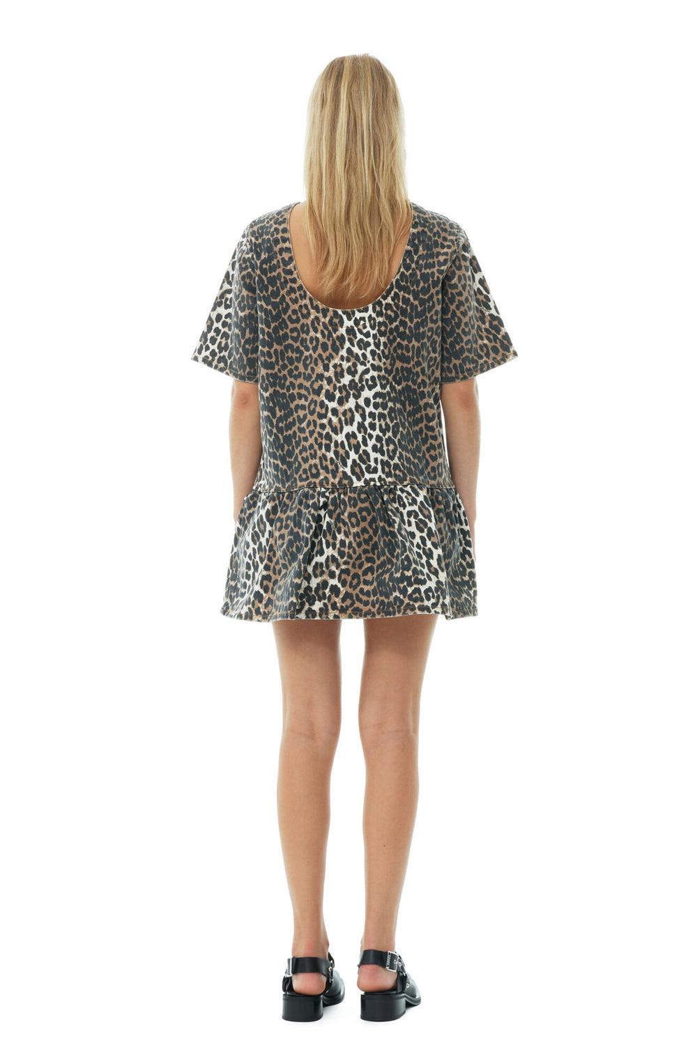 Print Denim Open Back Mini Dress Leopard