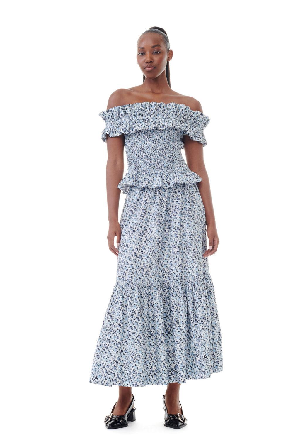 Printed Cotton Maxi Flounce Skirt Glacier Lake