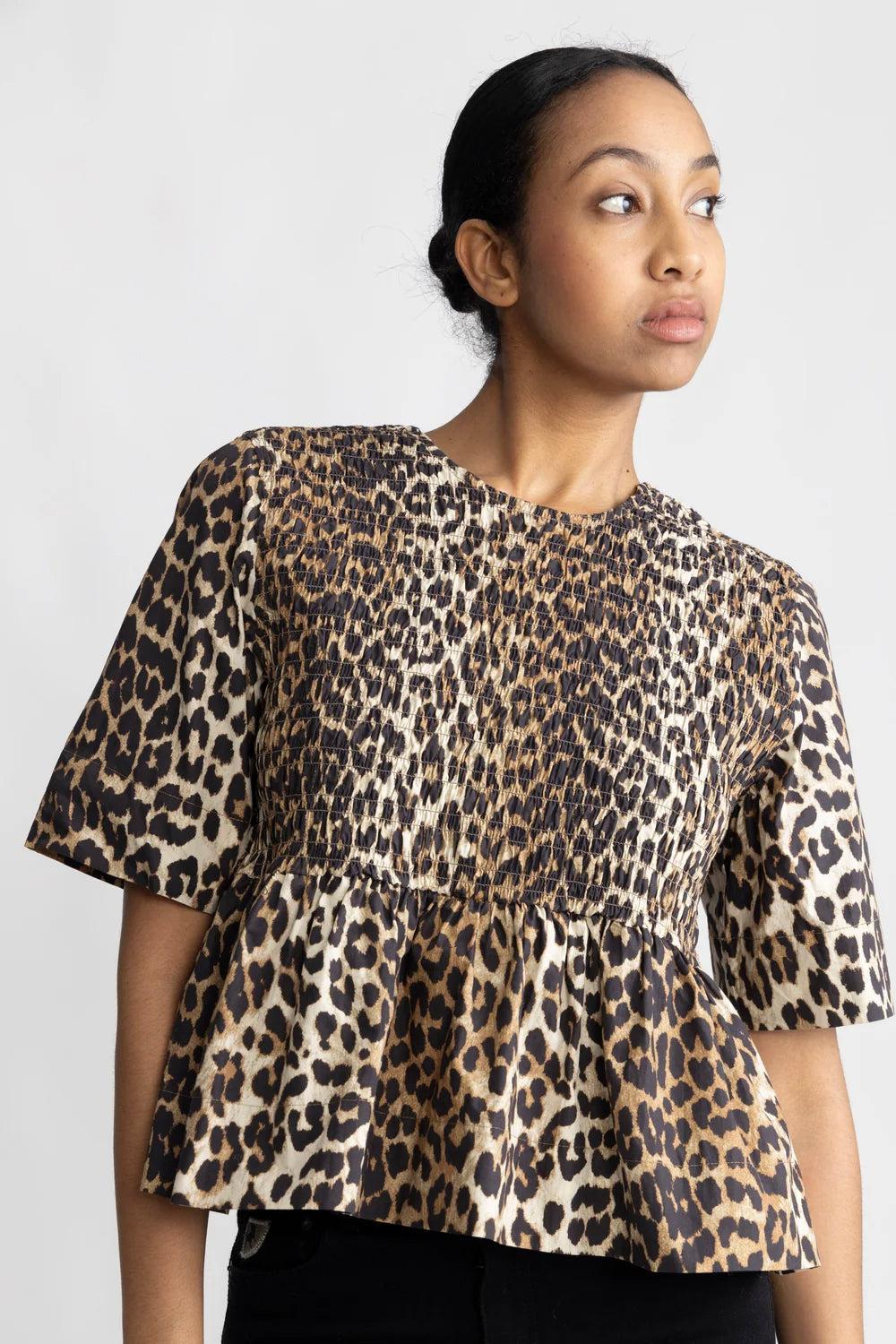 Printed cotton open back smock blouse leopard