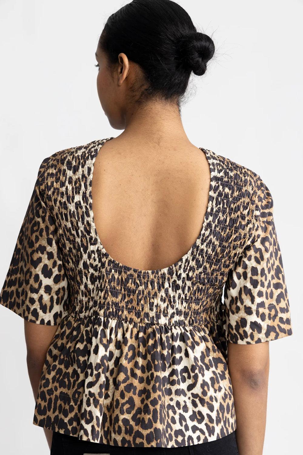 Printed cotton open back smock blouse leopard