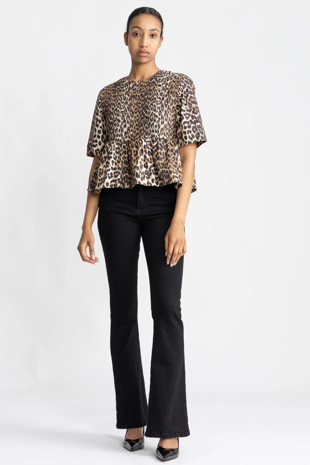 Printed cotton open back smock blouse leopard