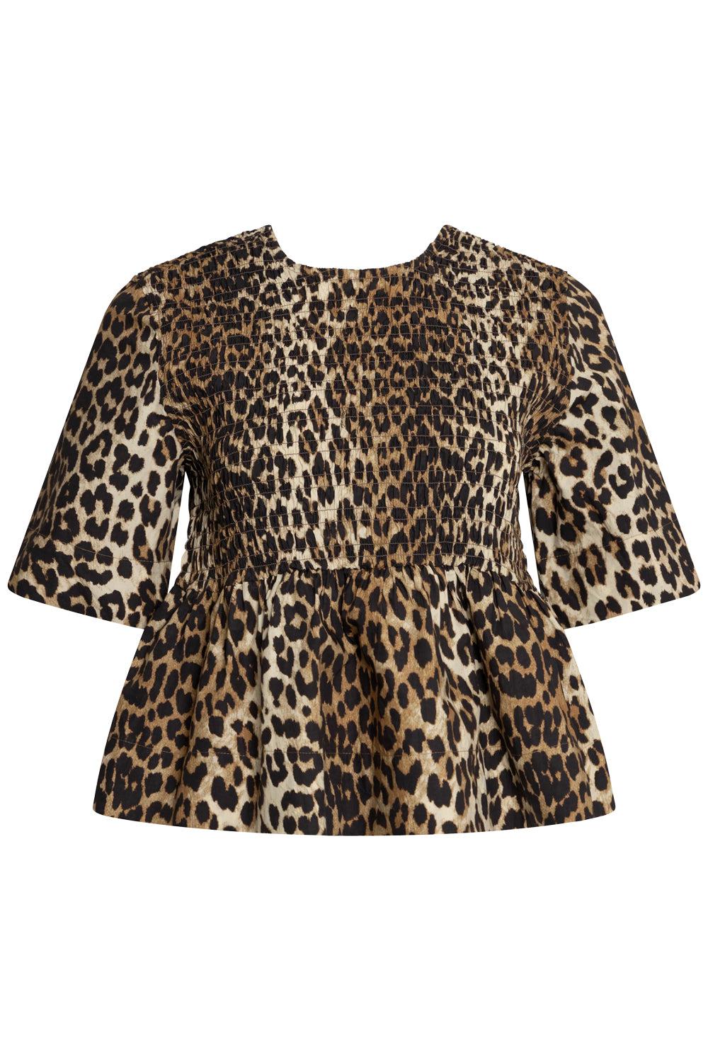 Printed cotton open back smock blouse leopard