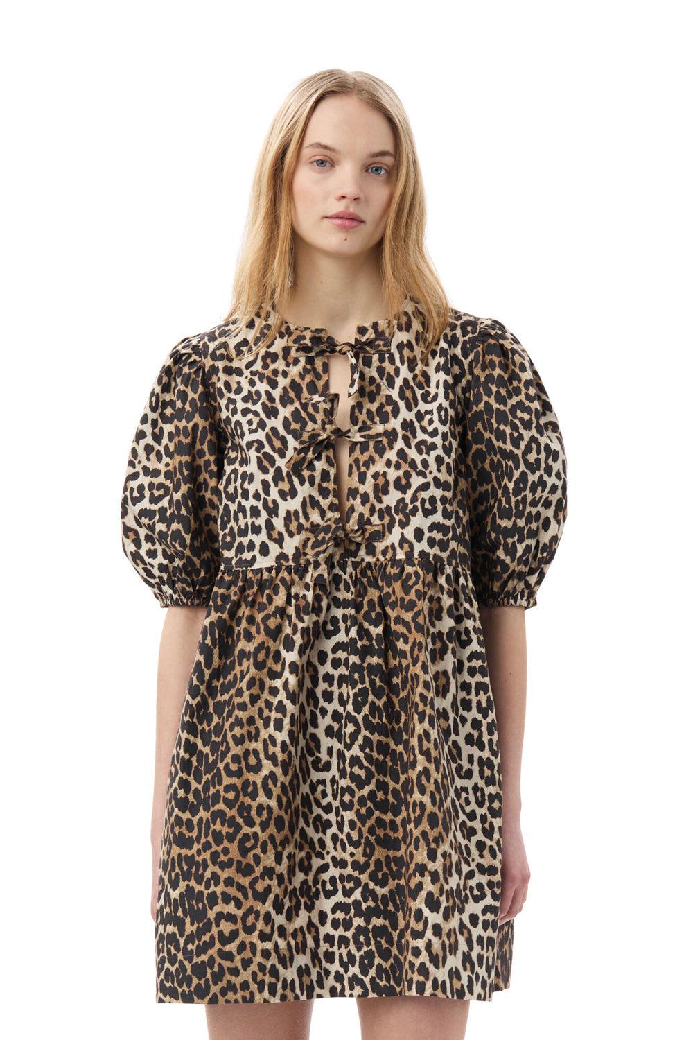 Printed cotton tie string mini dress leopard