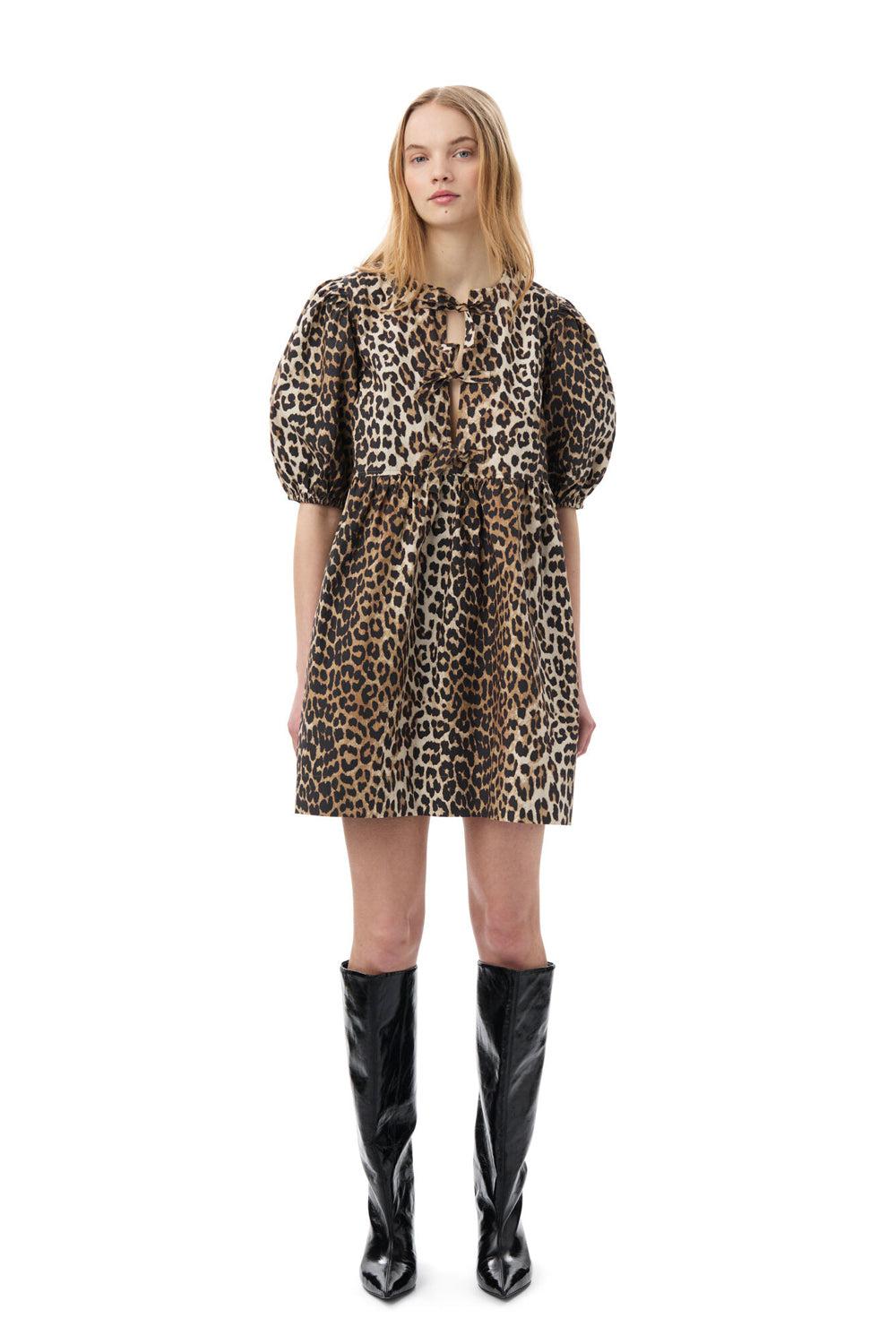 Printed cotton tie string mini dress leopard