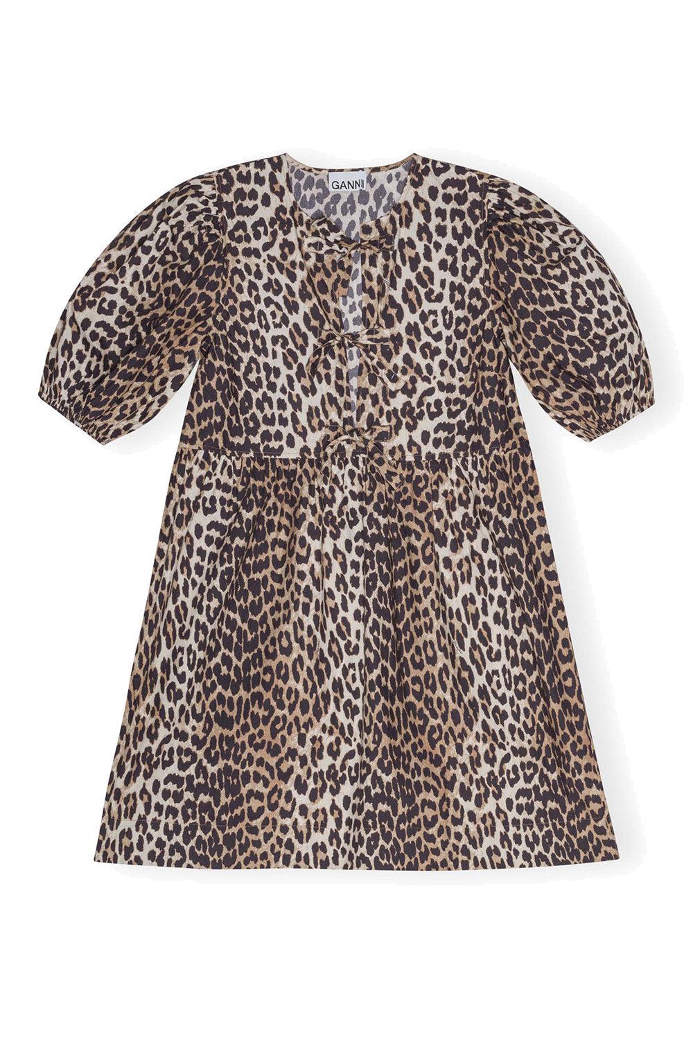 Printed cotton tie string mini dress leopard