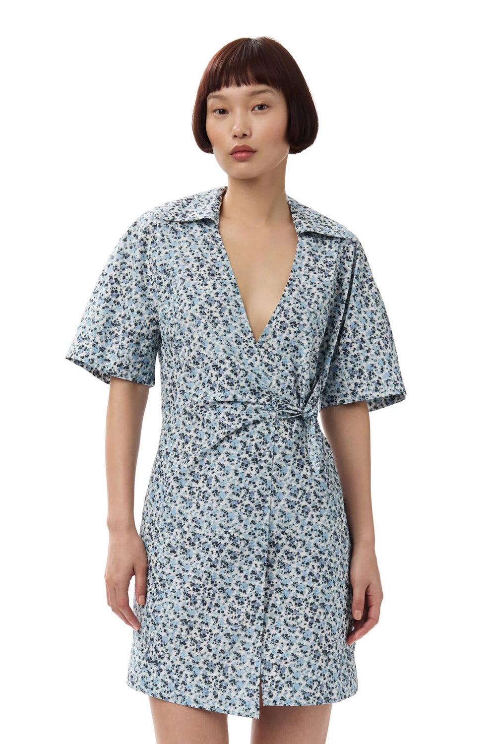 Printed cotton wrap mini dress