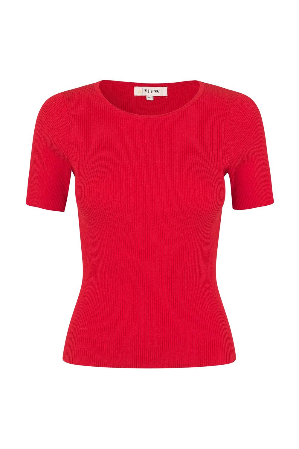 Rib Knit Short Sleeve Top Red