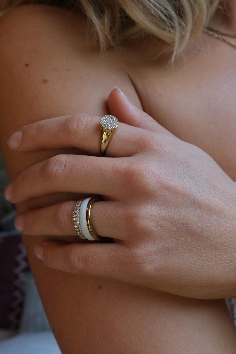 Ring w/cz 2 Rows Steel Gold Plated
