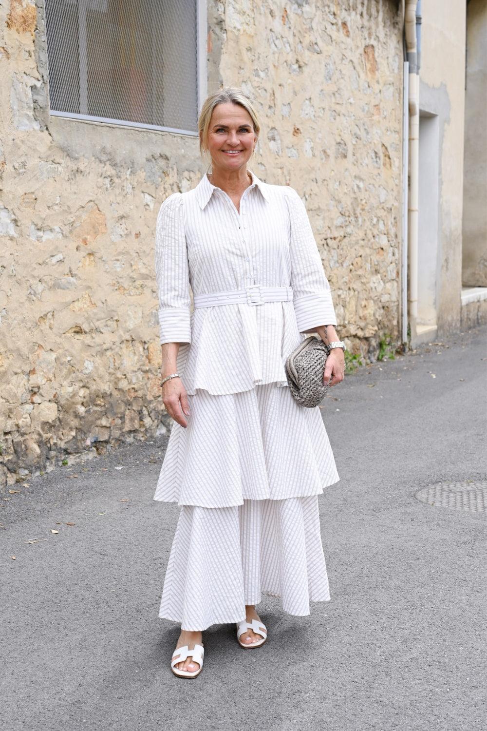 Seersucker Flounce Dress Khaki Stripe