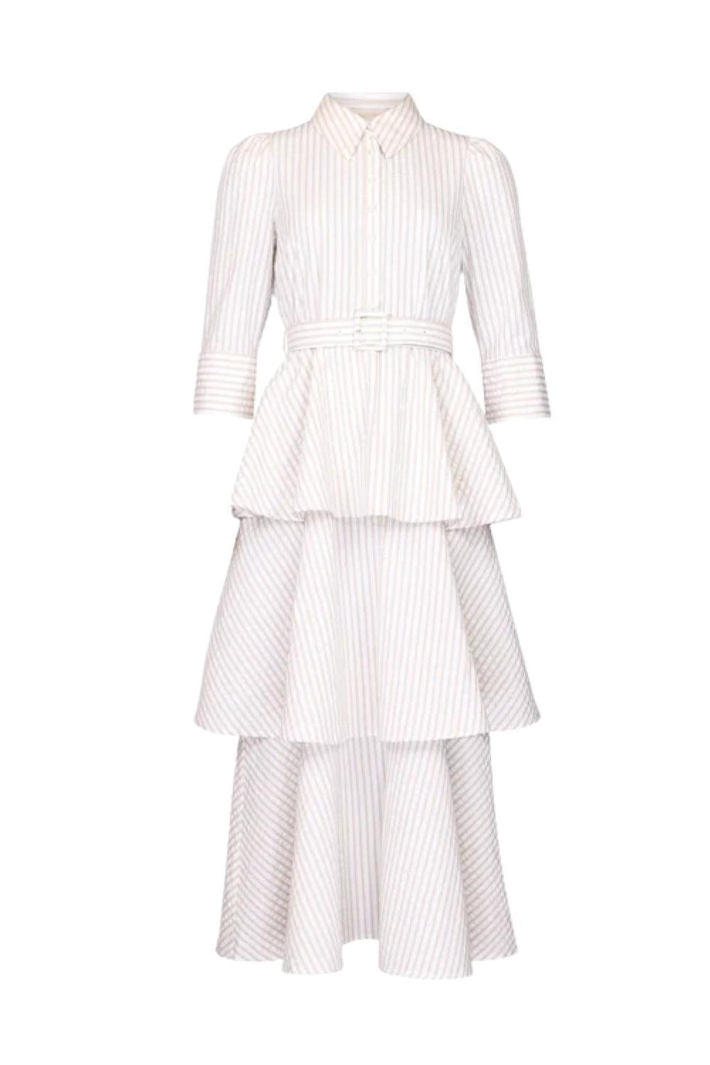 Seersucker Flounce Dress Khaki Stripe