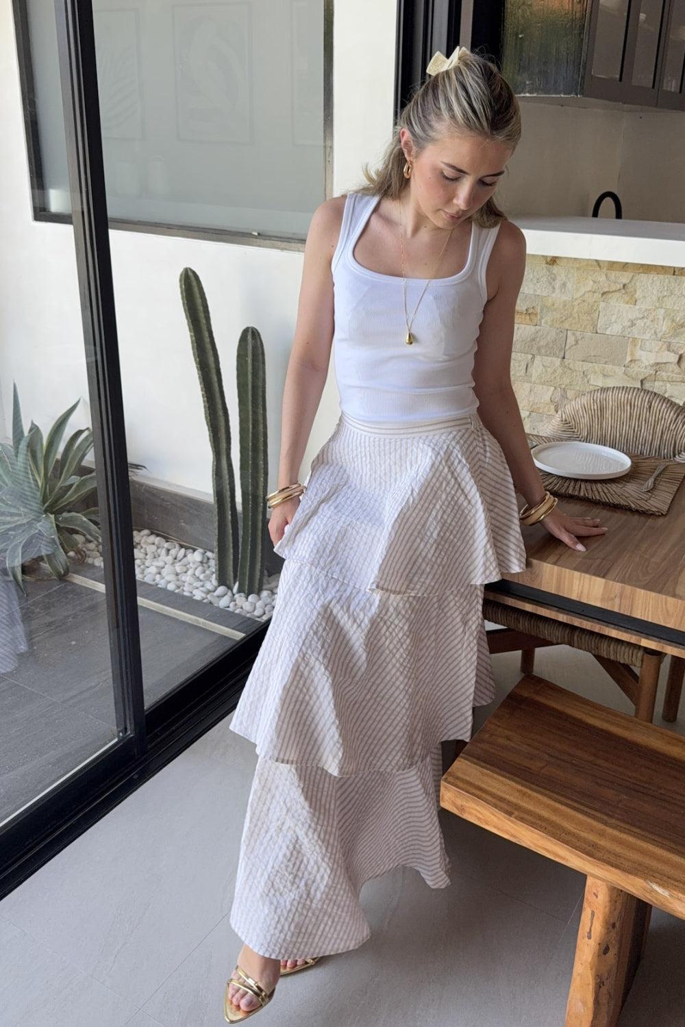 Seersucker Flounce Skirt Khaki Stripe