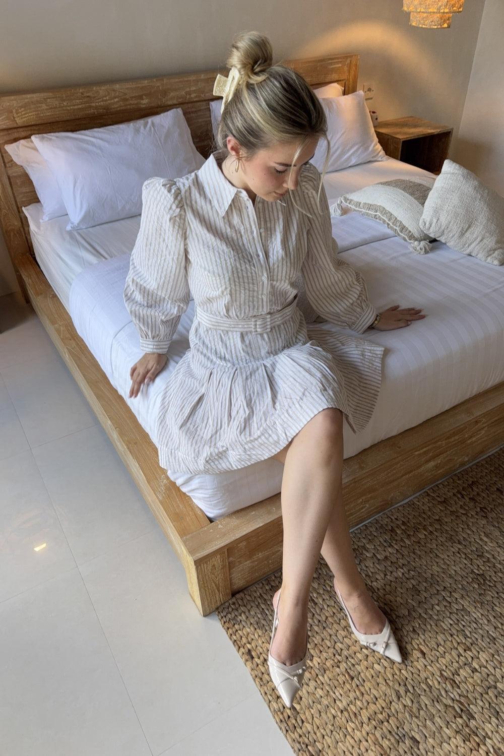 Seersucker Pleated Dress Khaki Stripe