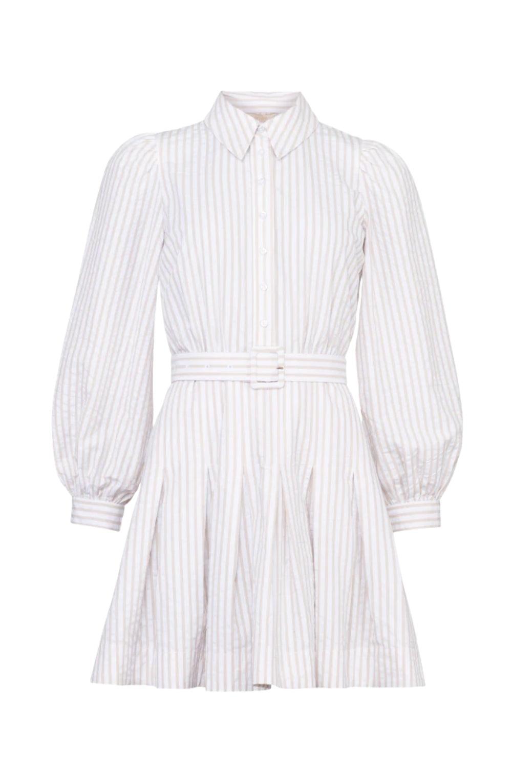 Seersucker Pleated Dress Khaki Stripe