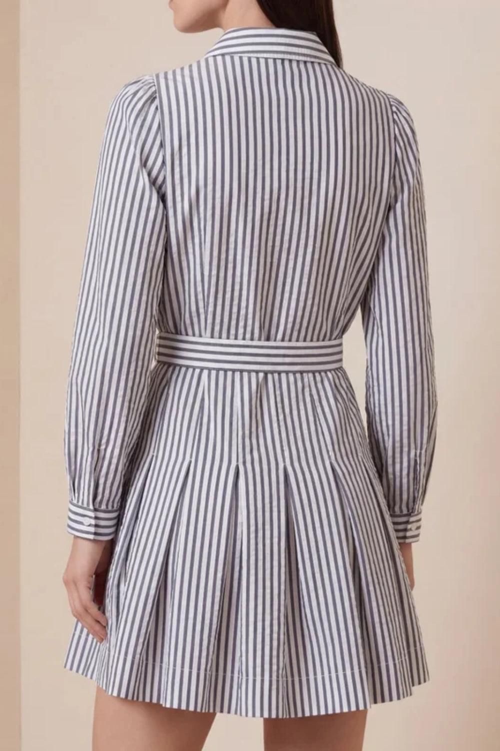 Seersucker Pleated Dress Marine Stripe