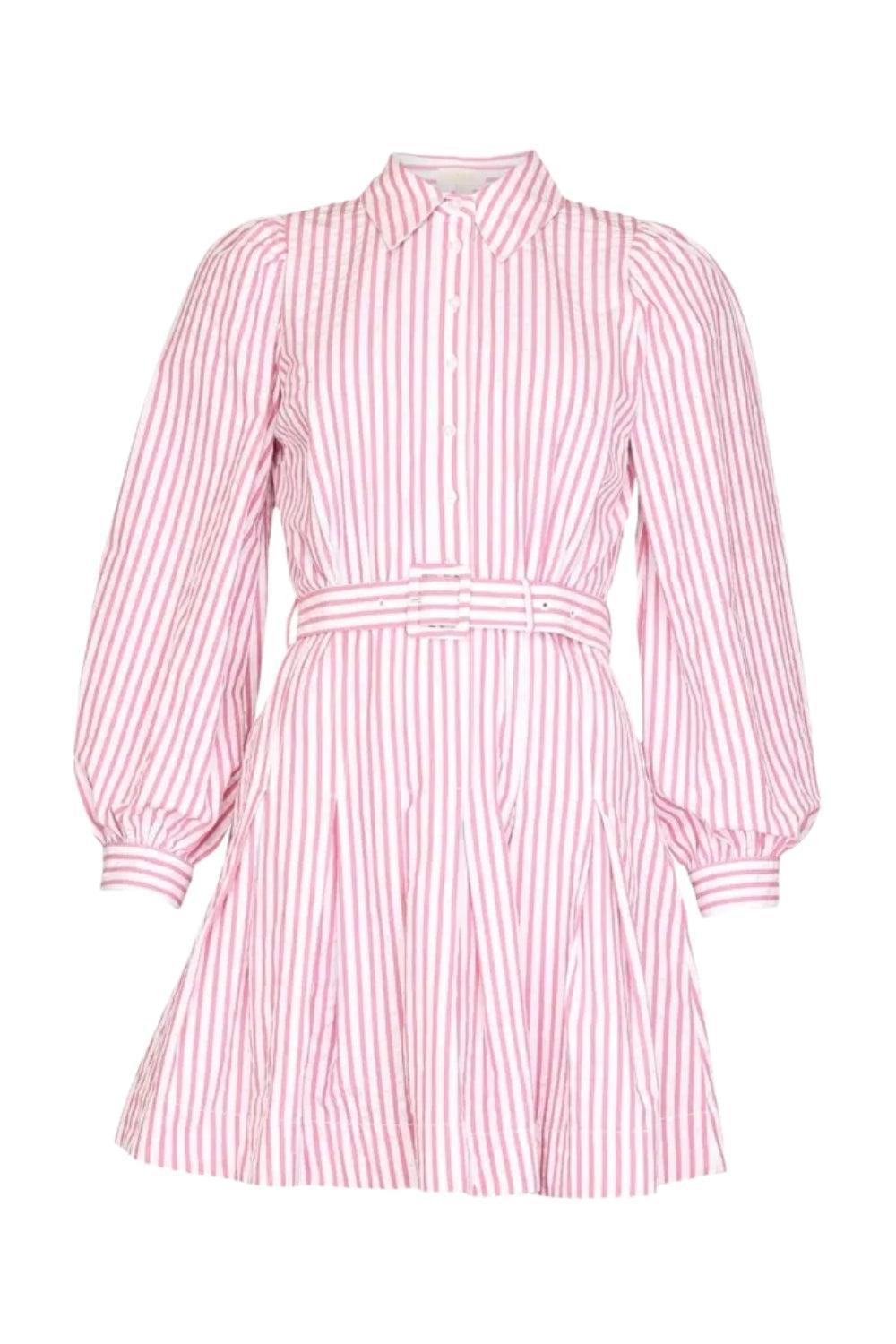 Seersucker Pleated Dress Pink Stripe