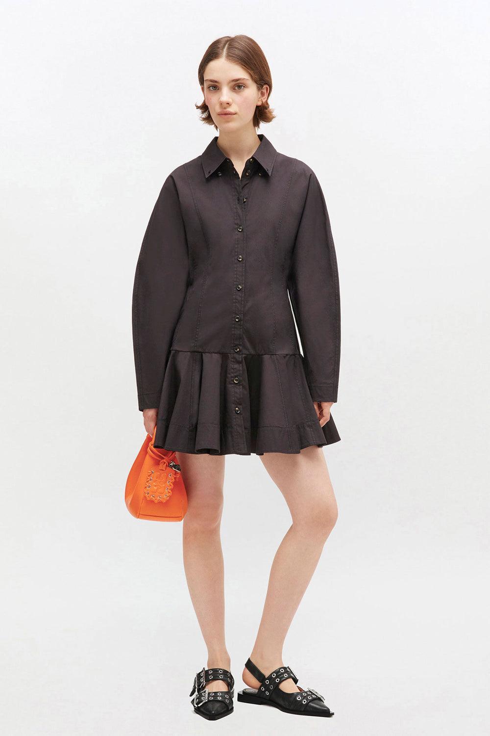 Stretch cotton buttoned mini dress black