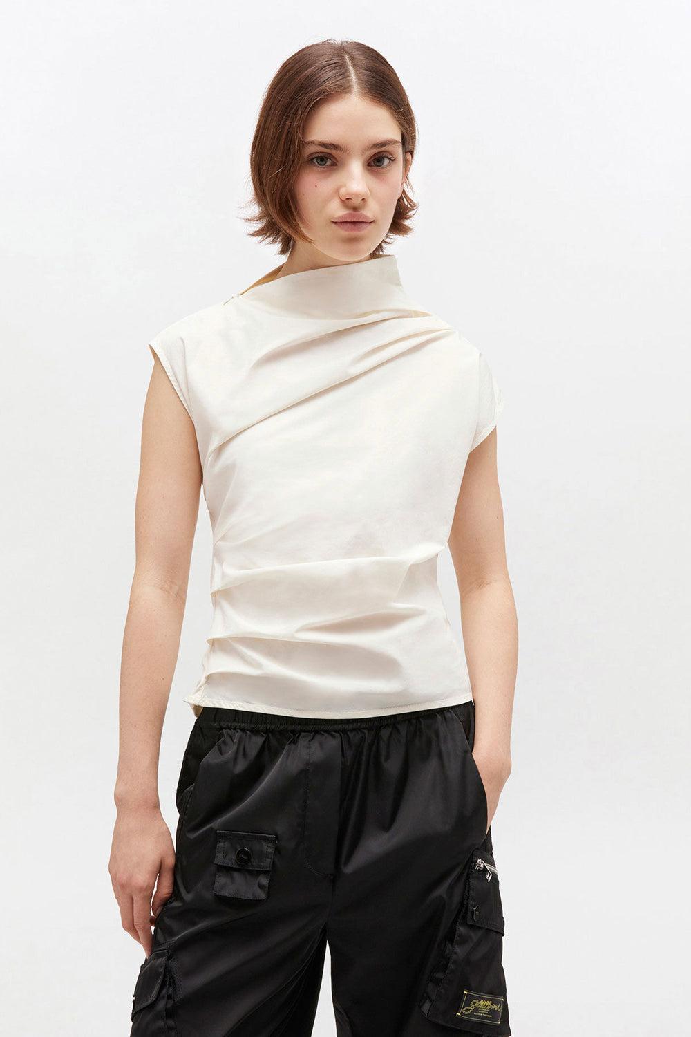 Stretch cotton ruched top egret