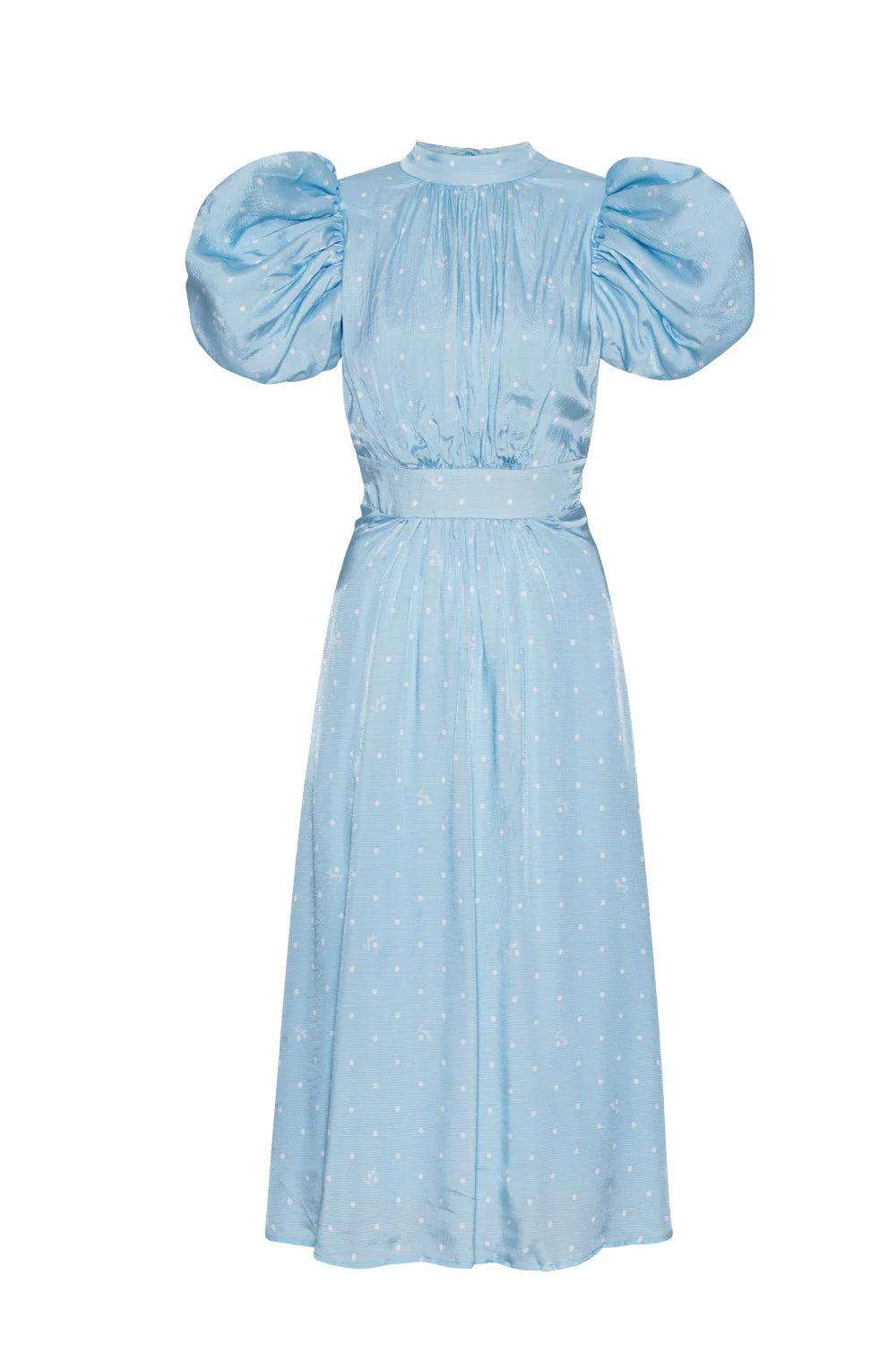 Textured Midi Puffy Dress Polka Dott Cool Blue