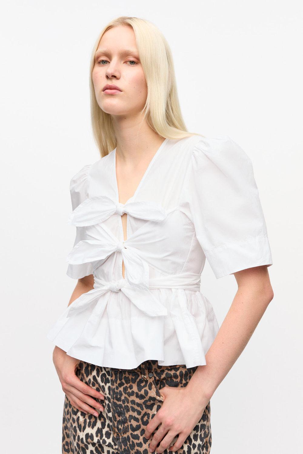 Washed Stretch Cotton Tie Strap Blouse